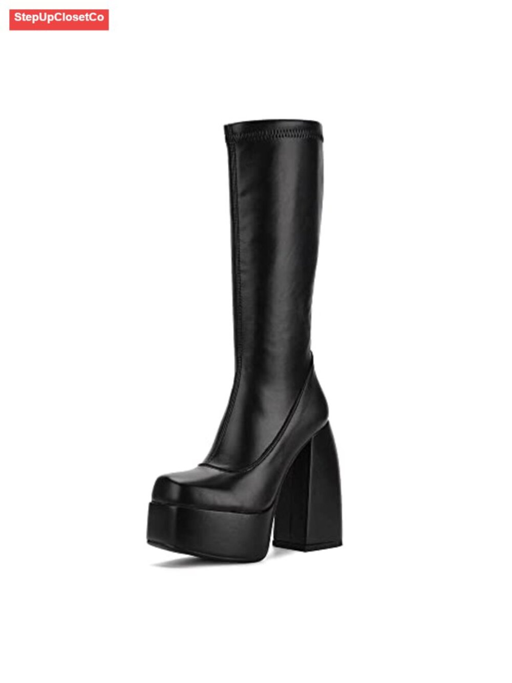 Mid Calf Knee High Heeled Boots Square Toe Side Zipper Punk Style Microfiber